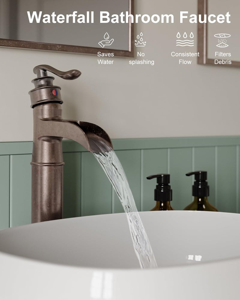 BWE Vessel Sink Faucet Waterfall Antique Copper Single Hole with Pop Up Drain Stopper Without Overflow and Supply Lines One Handle Vanity Basin Bath Sink Mixer Tap - Image 4
